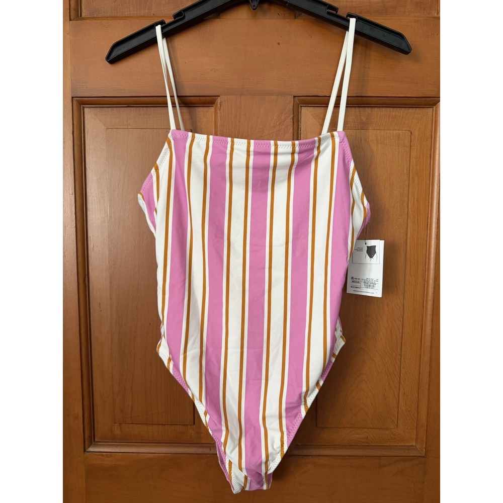 Women's Solid & Striped Pink Striped One Piece Swimsuit High Leg Cheeky Medium
